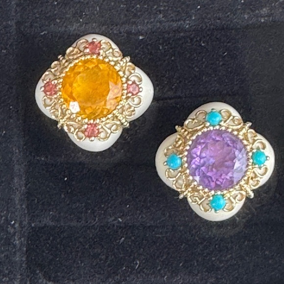 14K Yellow Gold Bezel Amethyst Turquoise and Quatrefoil White Agate Ring S 6.5 - Picture 16 of 16